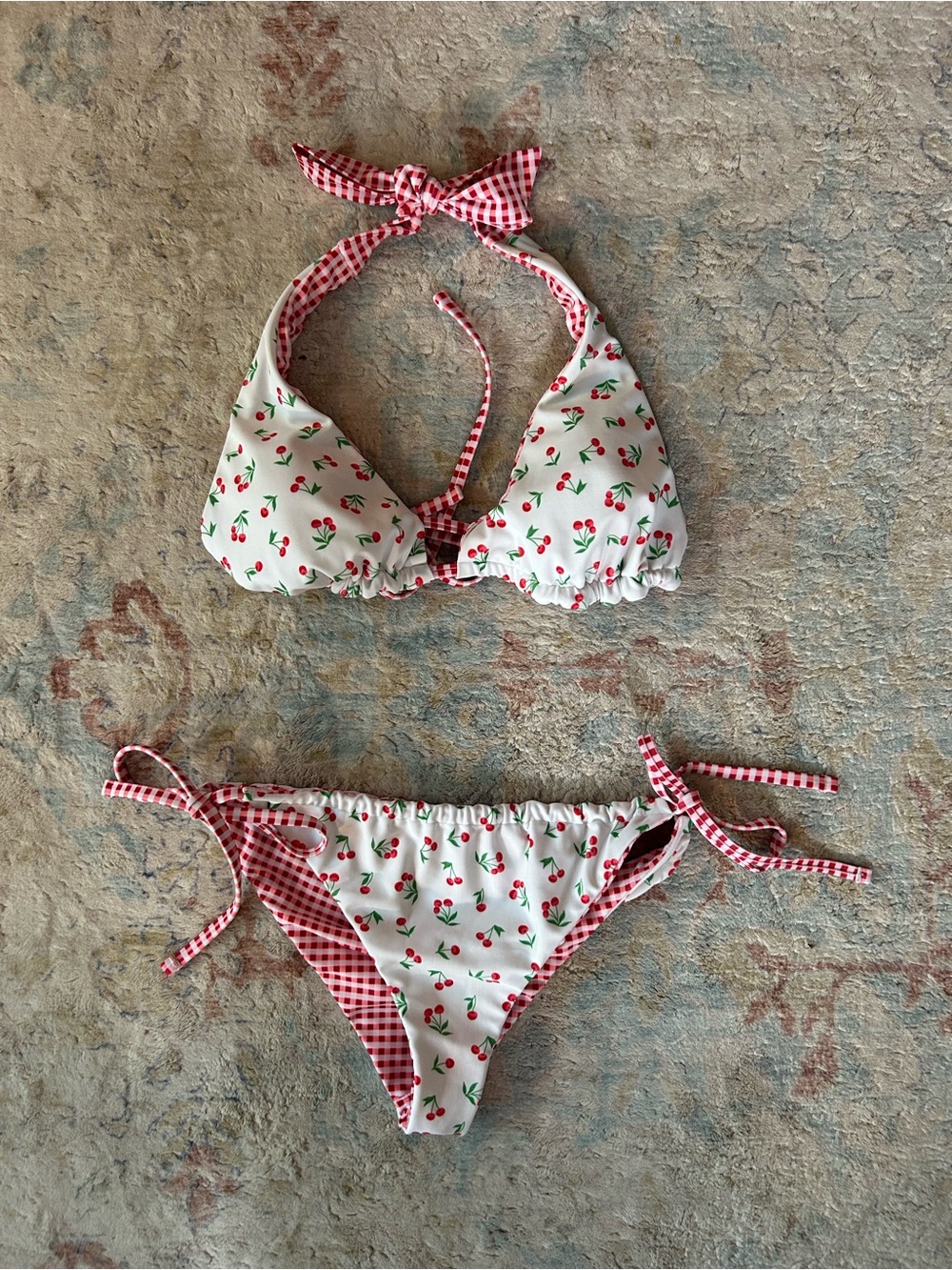 No Boundaries White Cherry Print/ Red Gingham Bikini